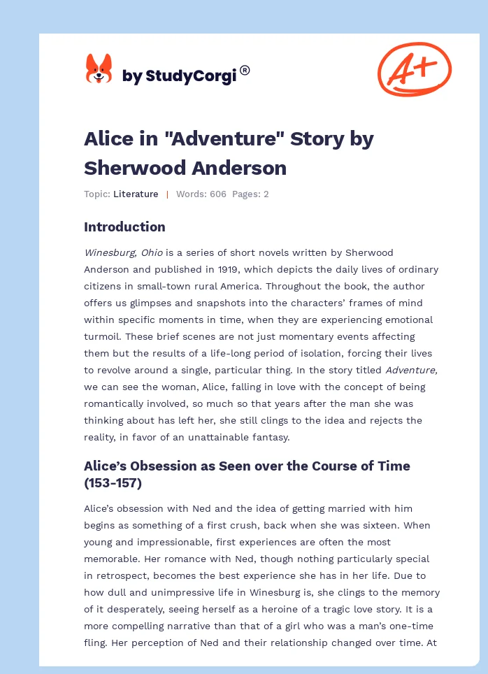 Alice in "Adventure" Story by Sherwood Anderson. Page 1