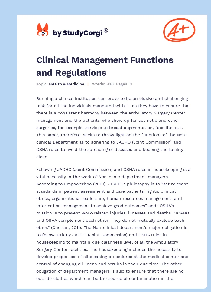 Clinical Management Functions and Regulations. Page 1