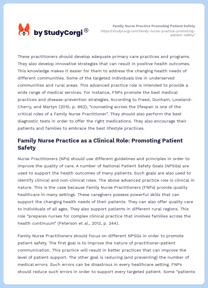 Family Nurse Practice Promoting Patient Safety. Page 2