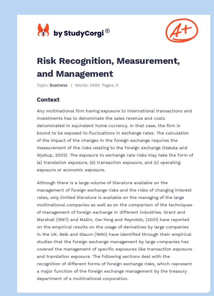 Risk Recognition, Measurement, and Management. Page 1