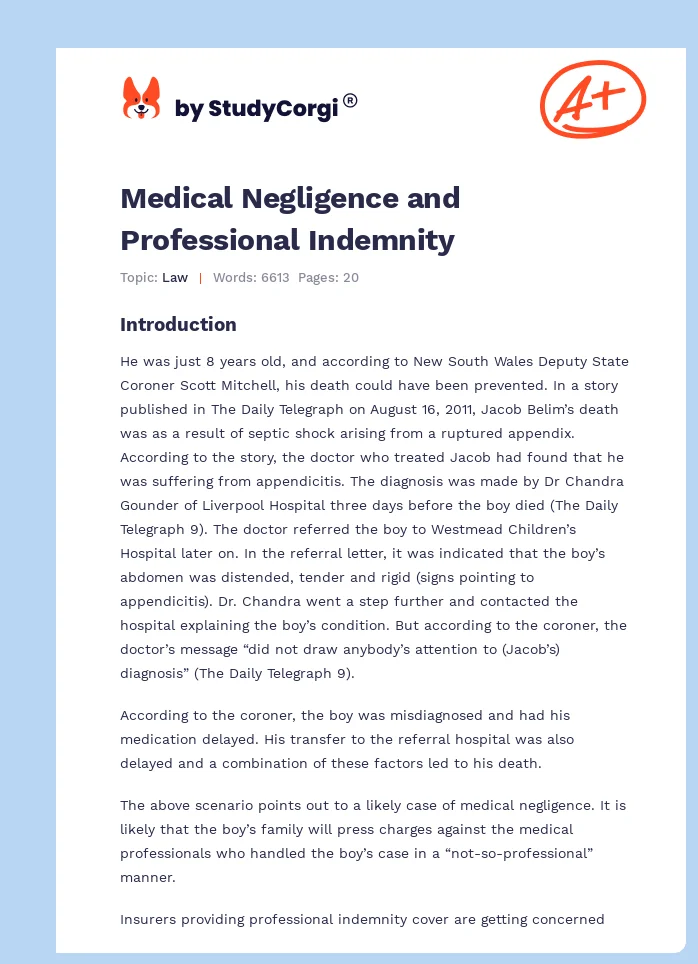 Medical Negligence and Professional Indemnity. Page 1