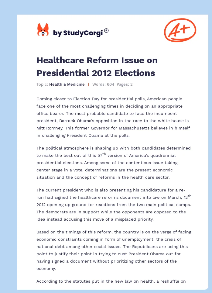 Healthcare Reform Issue on Presidential 2012 Elections. Page 1