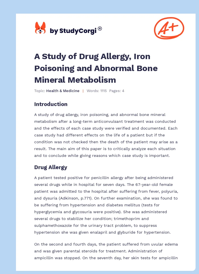 A Study of Drug Allergy, Iron Poisoning and Abnormal Bone Mineral Metabolism. Page 1