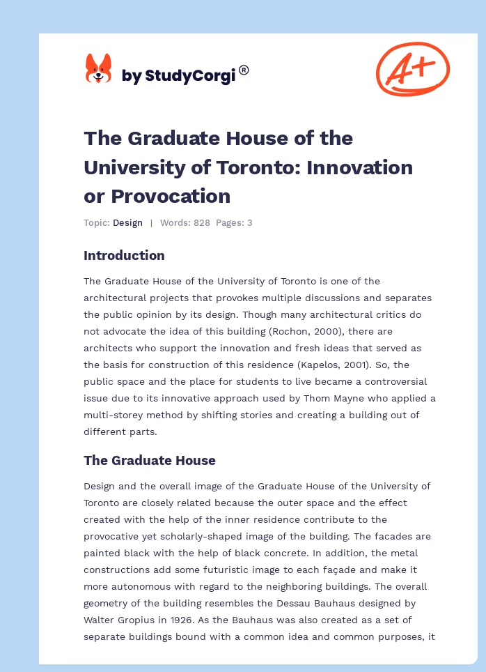 The Graduate House of the University of Toronto: Innovation or Provocation. Page 1