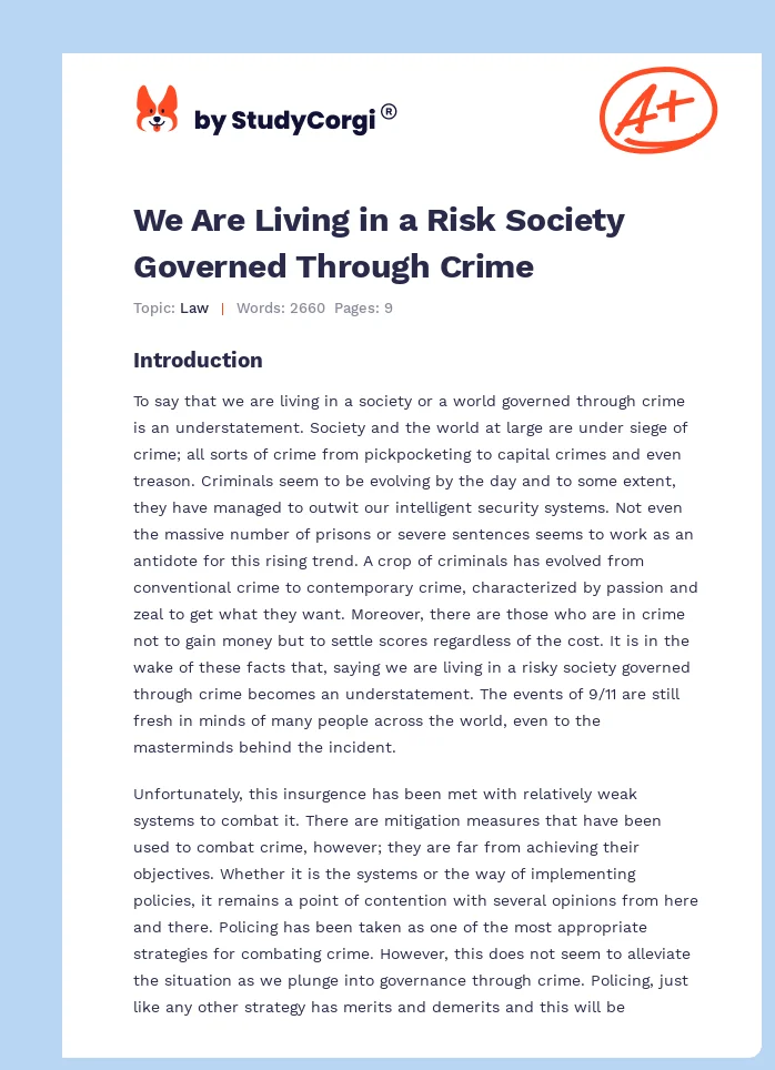 We Are Living in a Risk Society Governed Through Crime. Page 1