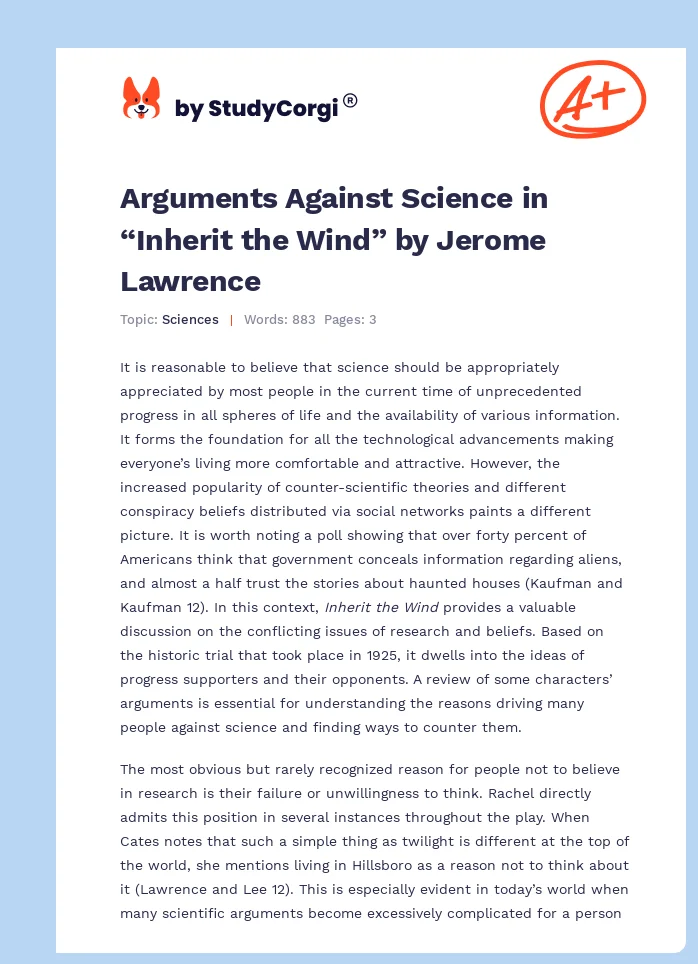 Arguments Against Science in “Inherit the Wind” by Jerome Lawrence. Page 1