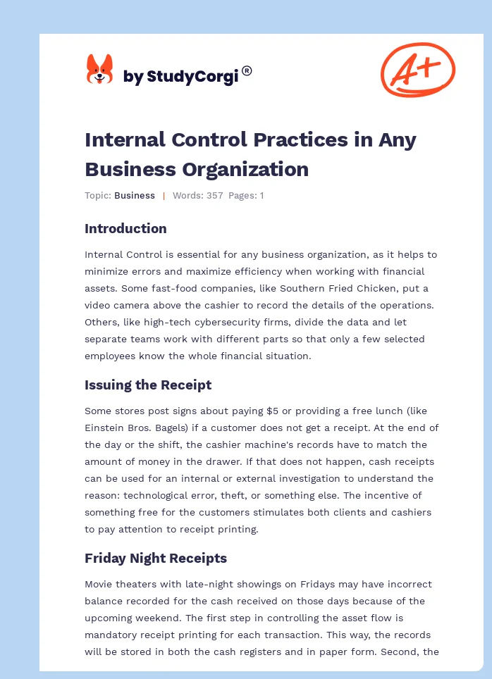 Internal Control Practices in Any Business Organization. Page 1