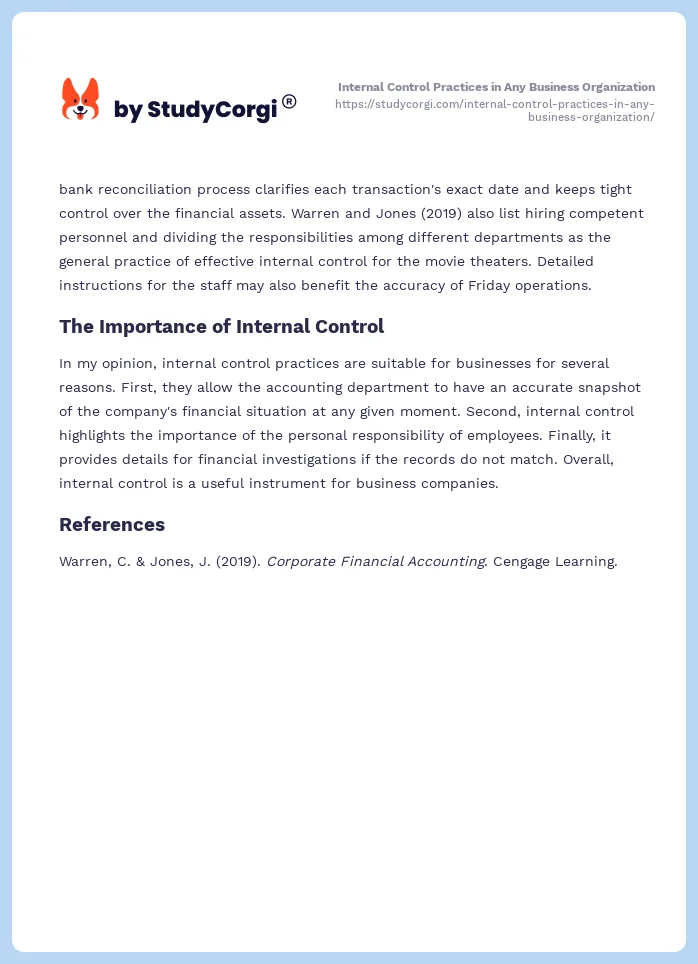 Internal Control Practices in Any Business Organization. Page 2