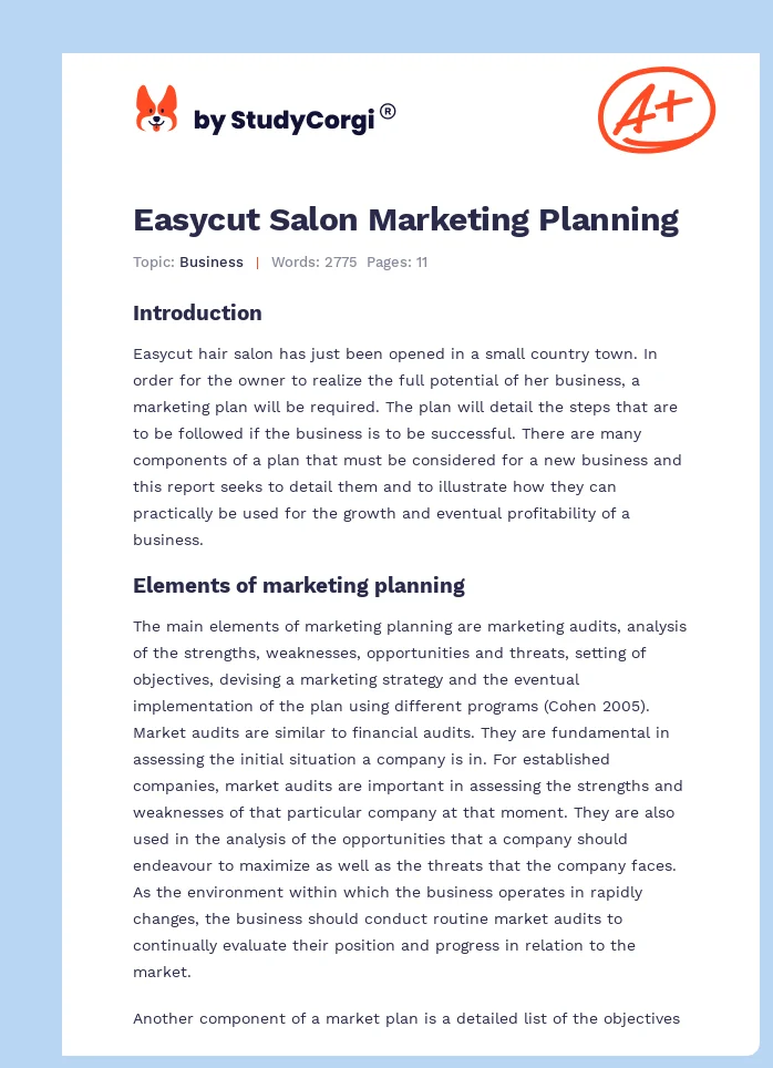 Easycut Salon Marketing Planning. Page 1