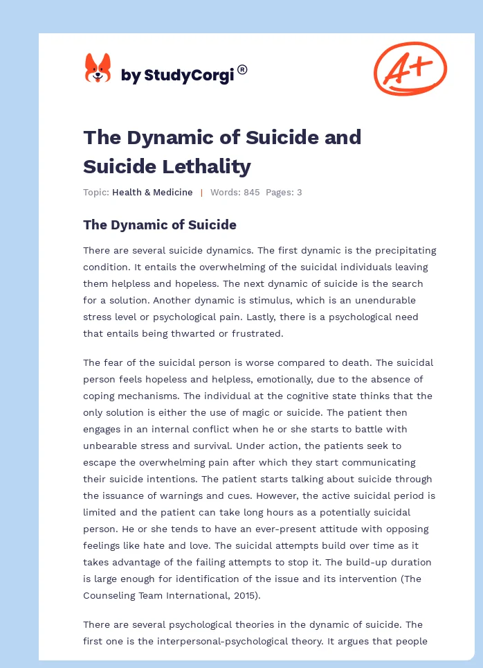 The Dynamic of Suicide and Suicide Lethality. Page 1