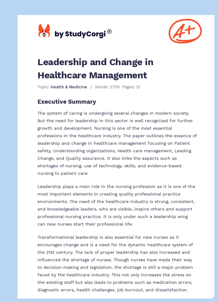 Leadership and Change in Healthcare Management. Page 1