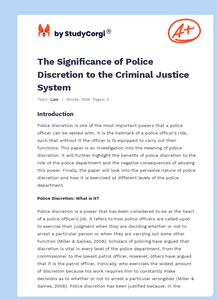 The Significance of Police Discretion to the Criminal Justice System. Page 1