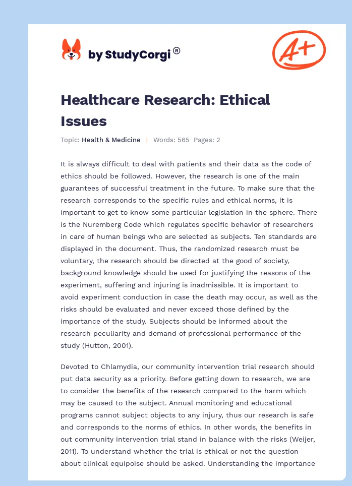 Healthcare Research: Ethical Issues. Page 1
