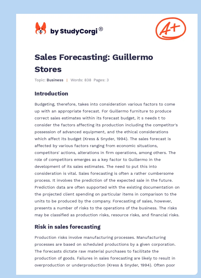 Sales Forecasting: Guillermo Stores. Page 1