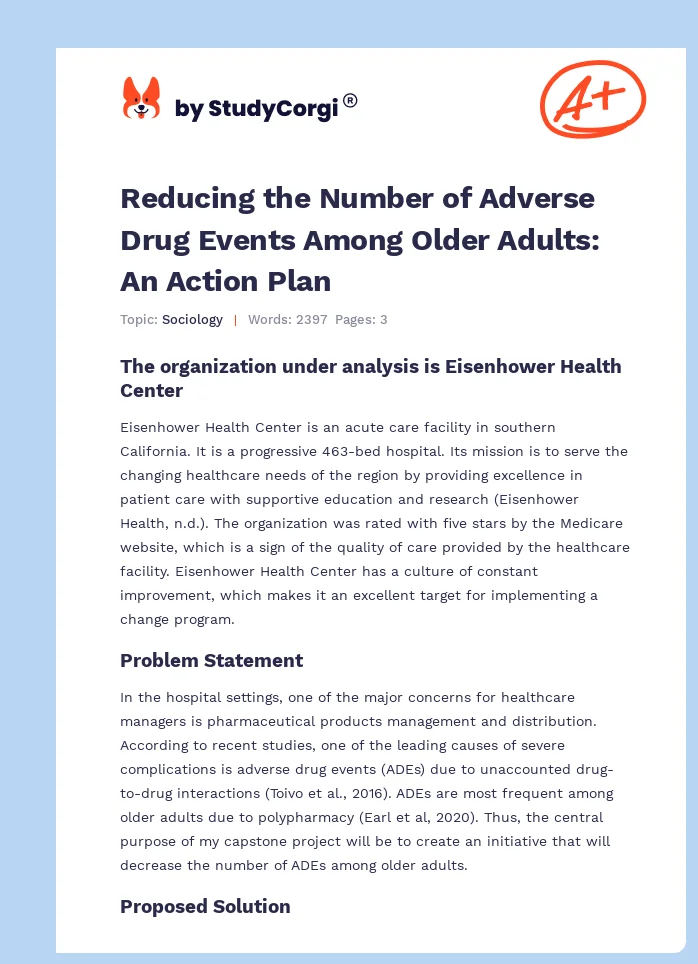 Reducing the Number of Adverse Drug Events Among Older Adults: An Action Plan. Page 1