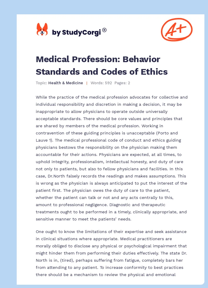 Medical Profession: Behavior Standards and Codes of Ethics. Page 1