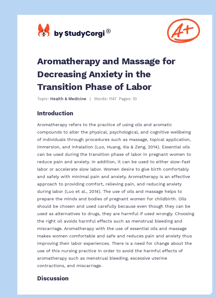Aromatherapy and Massage for Decreasing Anxiety in the Transition Phase of Labor. Page 1