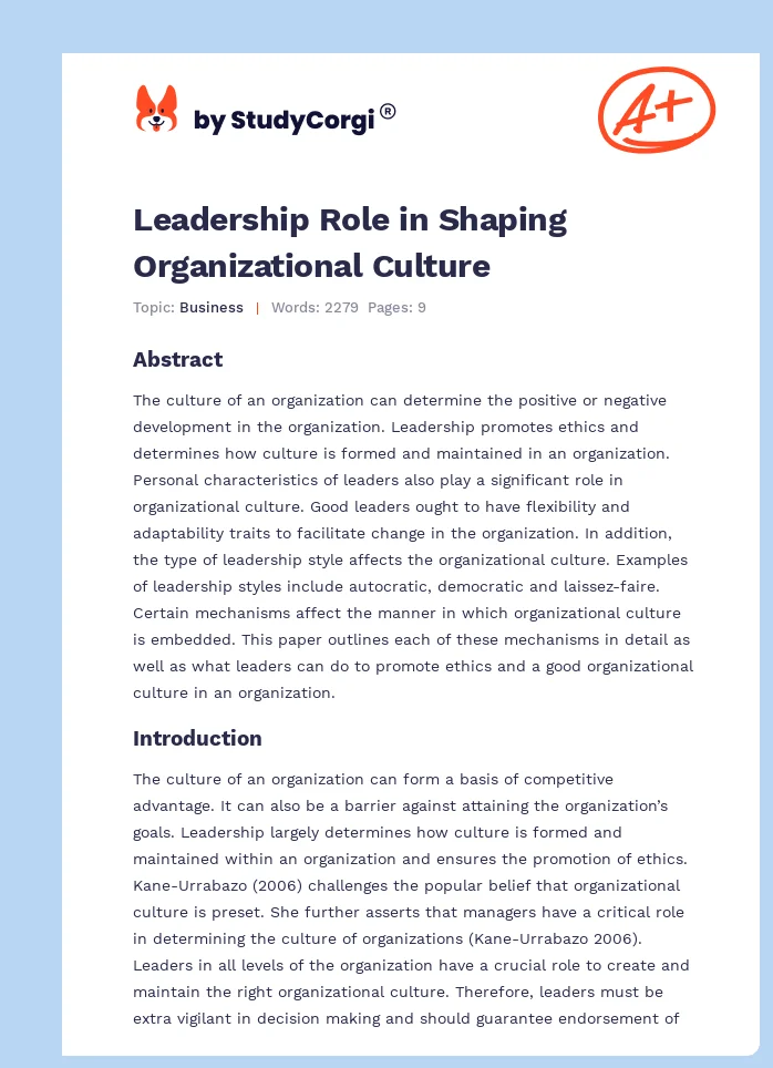 Leadership Role in Shaping Organizational Culture. Page 1