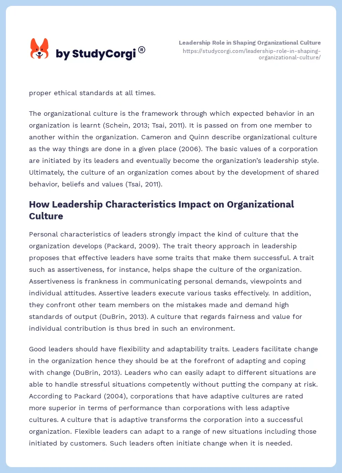 Leadership Role in Shaping Organizational Culture. Page 2