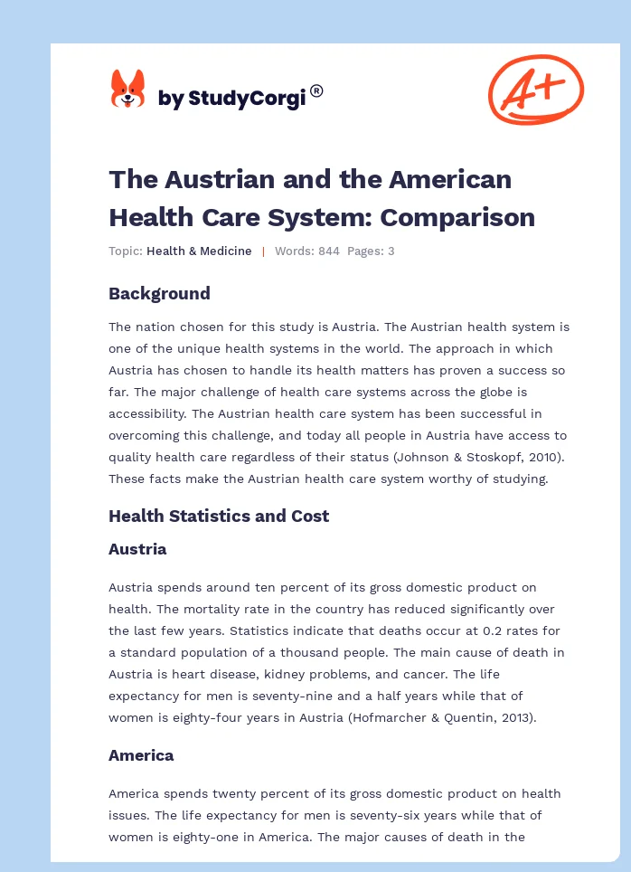 The Austrian and the American Health Care System: Comparison. Page 1