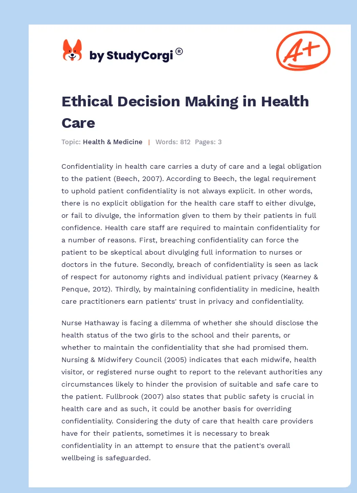 Ethical Decision Making in Health Care. Page 1