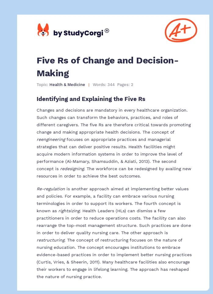 Five Rs of Change and Decision-Making. Page 1