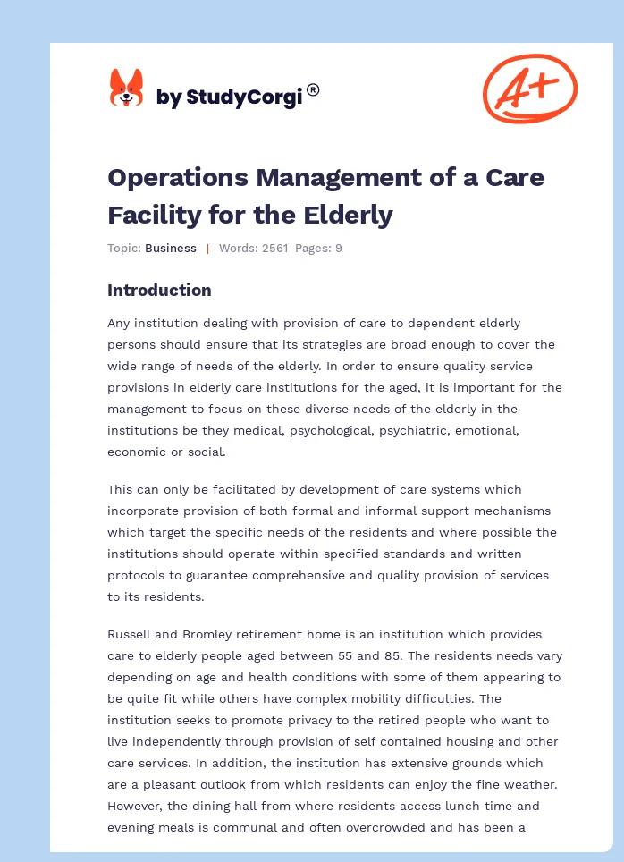 Operations Management of a Care Facility for the Elderly. Page 1
