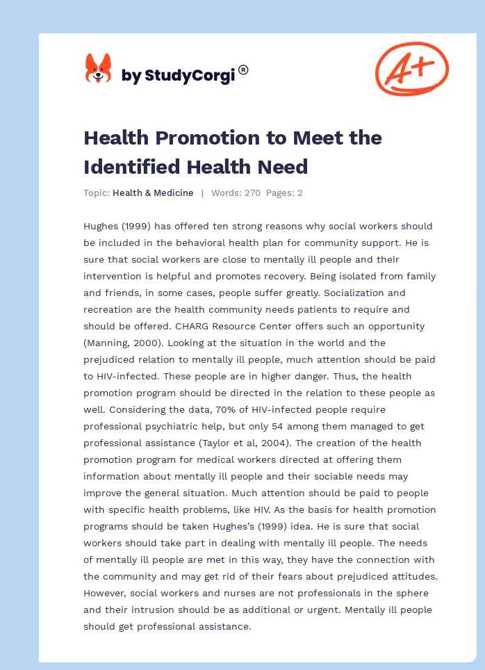 Health Promotion to Meet the Identified Health Need. Page 1
