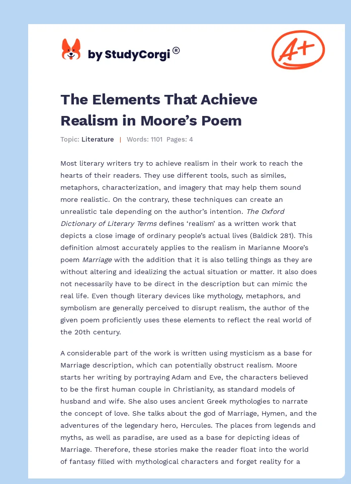 The Elements That Achieve Realism in Moore’s Poem. Page 1