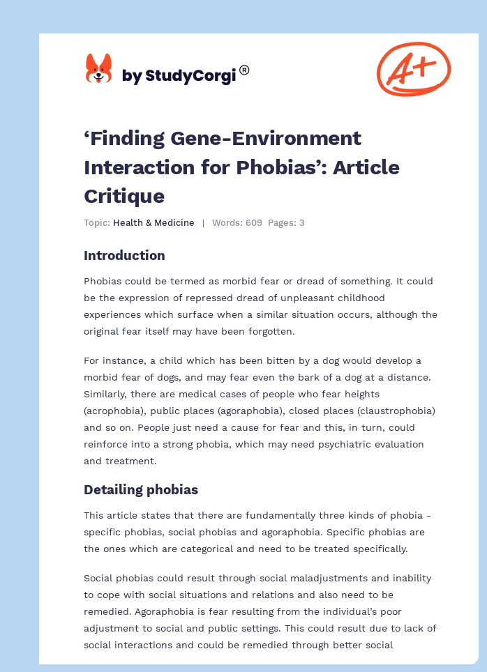 ‘Finding Gene-Environment Interaction for Phobias’: Article Critique. Page 1