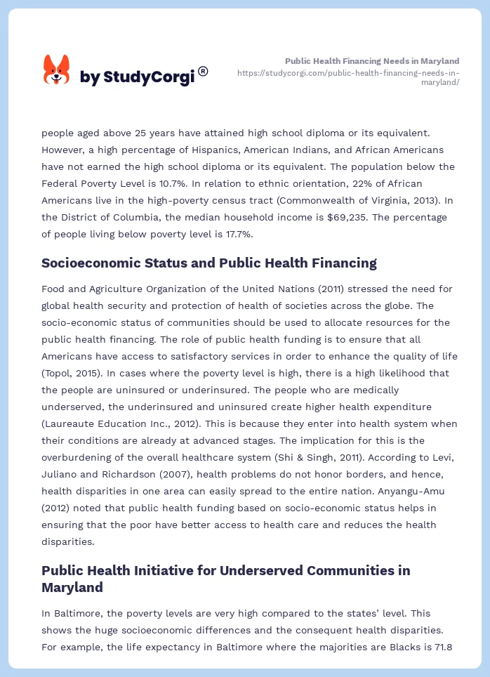 Public Health Financing Needs in Maryland. Page 2