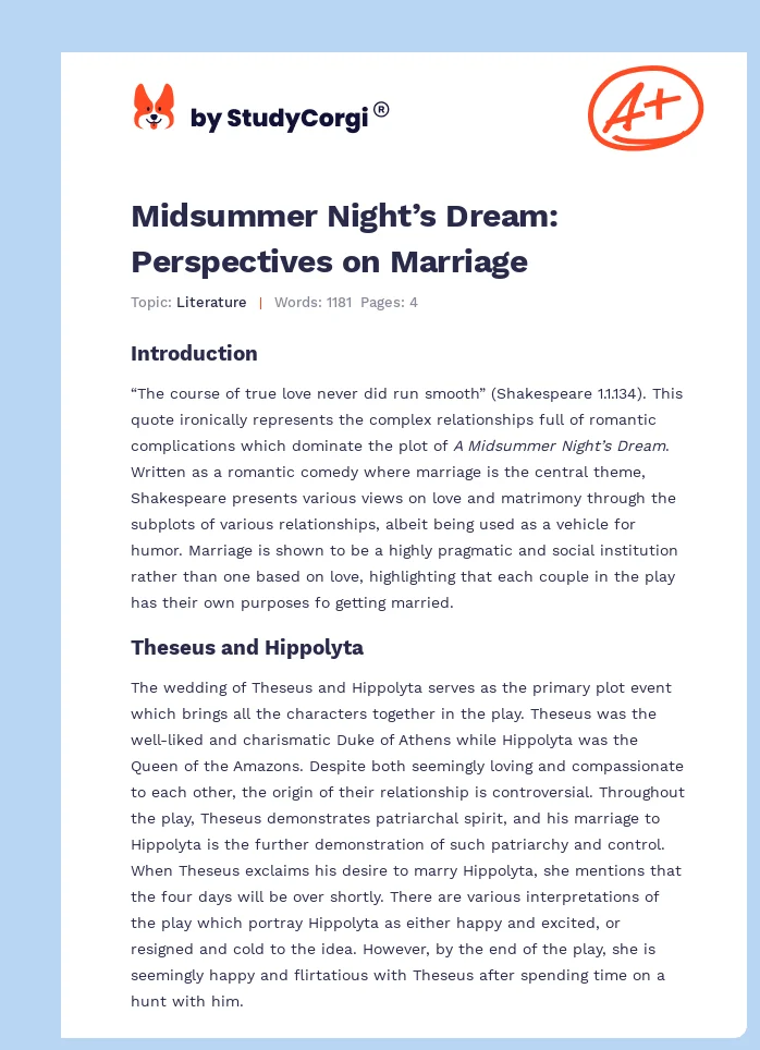 Midsummer Night’s Dream: Perspectives on Marriage. Page 1