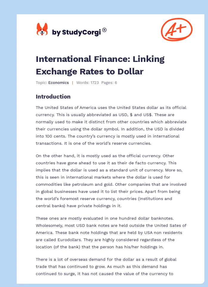 International Finance: Linking Exchange Rates to Dollar. Page 1