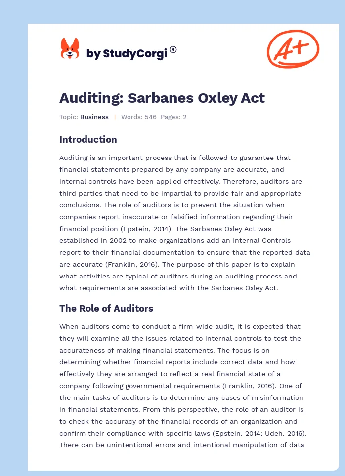 Auditing: Sarbanes Oxley Act. Page 1