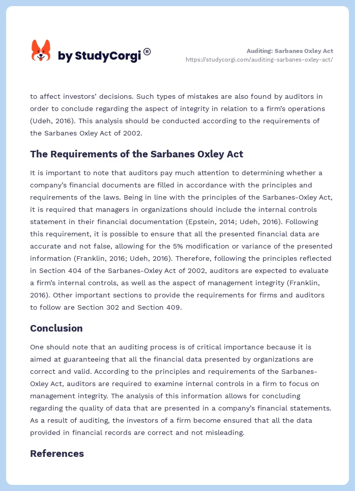 Auditing: Sarbanes Oxley Act. Page 2