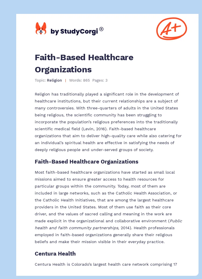 Faith-Based Healthcare Organizations. Page 1