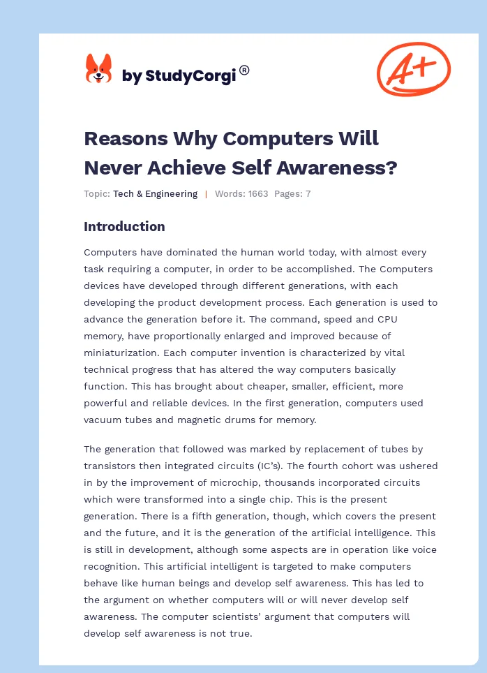 Reasons Why Computers Will Never Achieve Self Awareness?. Page 1