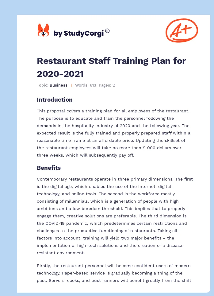 Restaurant Staff Training Plan for 2020-2021. Page 1