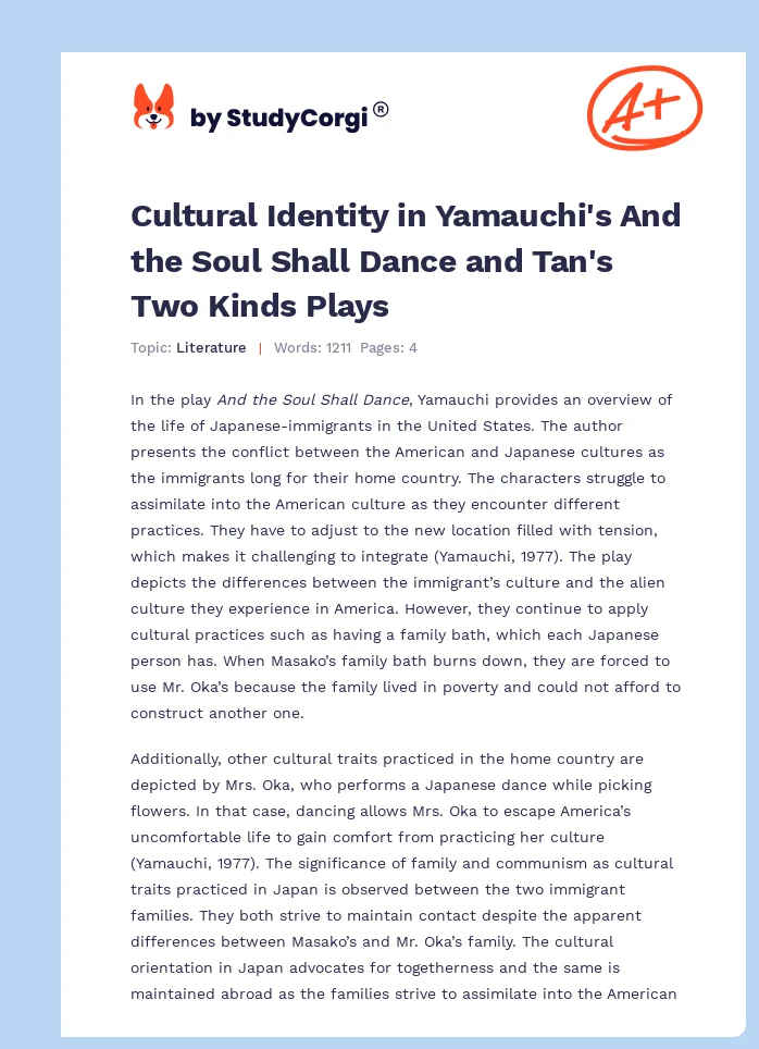 Cultural Identity in Yamauchi's And the Soul Shall Dance and Tan's Two Kinds Plays. Page 1