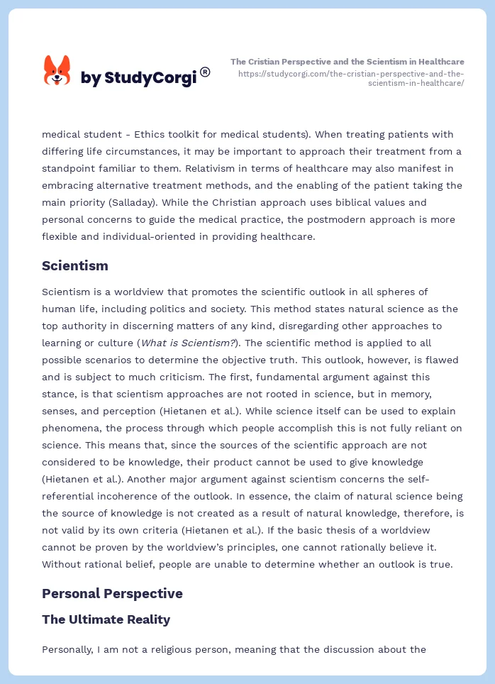 The Cristian Perspective and the Scientism in Healthcare. Page 2