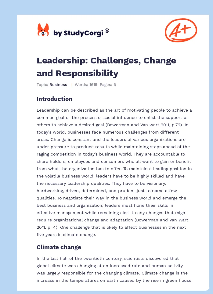Leadership: Challenges, Change and Responsibility. Page 1