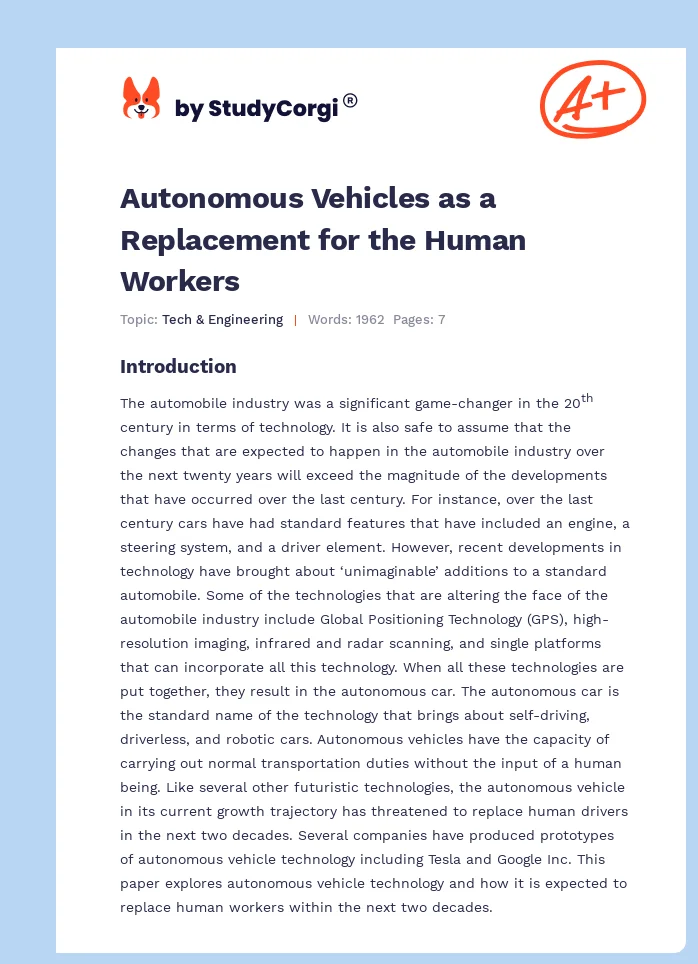 Autonomous Vehicles as a Replacement for the Human Workers. Page 1