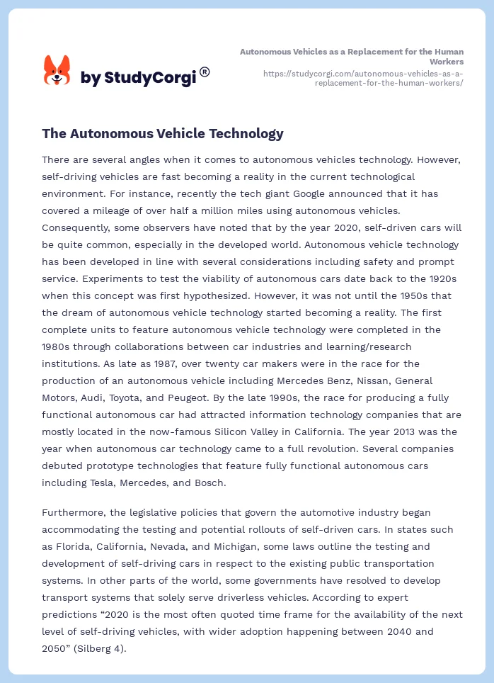 Autonomous Vehicles as a Replacement for the Human Workers. Page 2