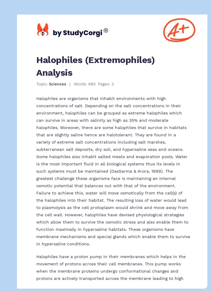 Halophiles (Extremophiles) Analysis. Page 1