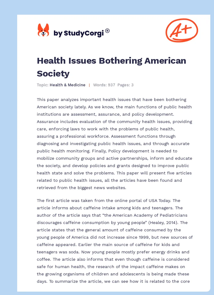 Health Issues Bothering American Society. Page 1