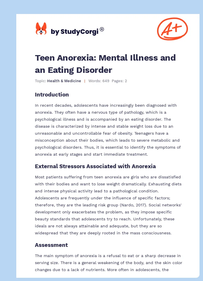 Teen Anorexia: Mental Illness and an Eating Disorder. Page 1