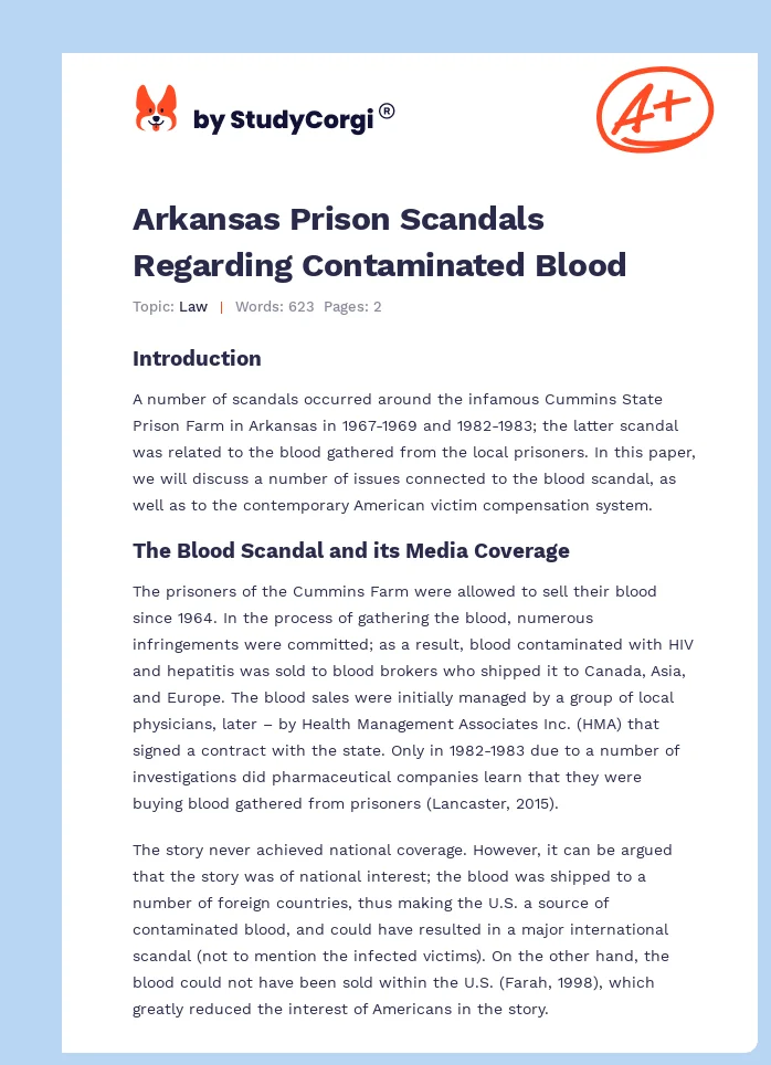 Arkansas Prison Scandals Regarding Contaminated Blood. Page 1