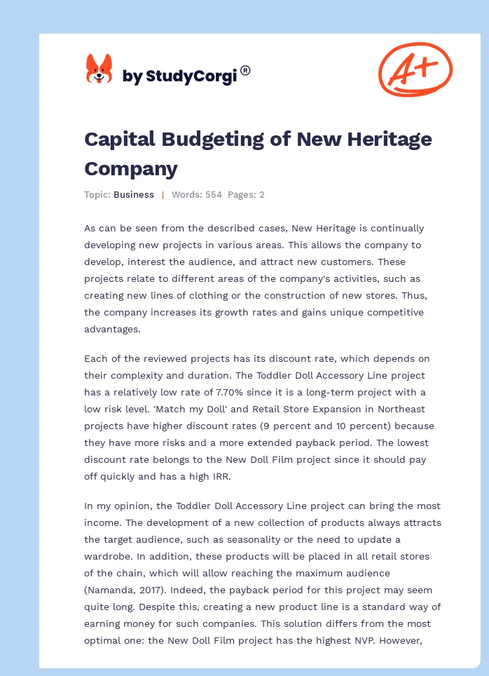 Capital Budgeting of New Heritage Company. Page 1