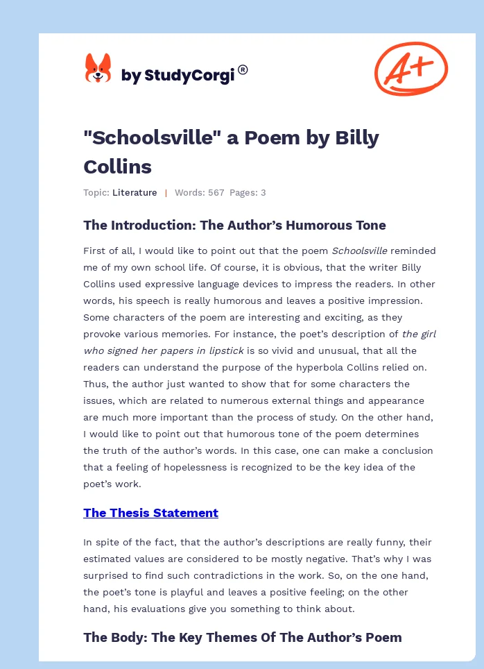 "Schoolsville" a Poem by Billy Collins. Page 1