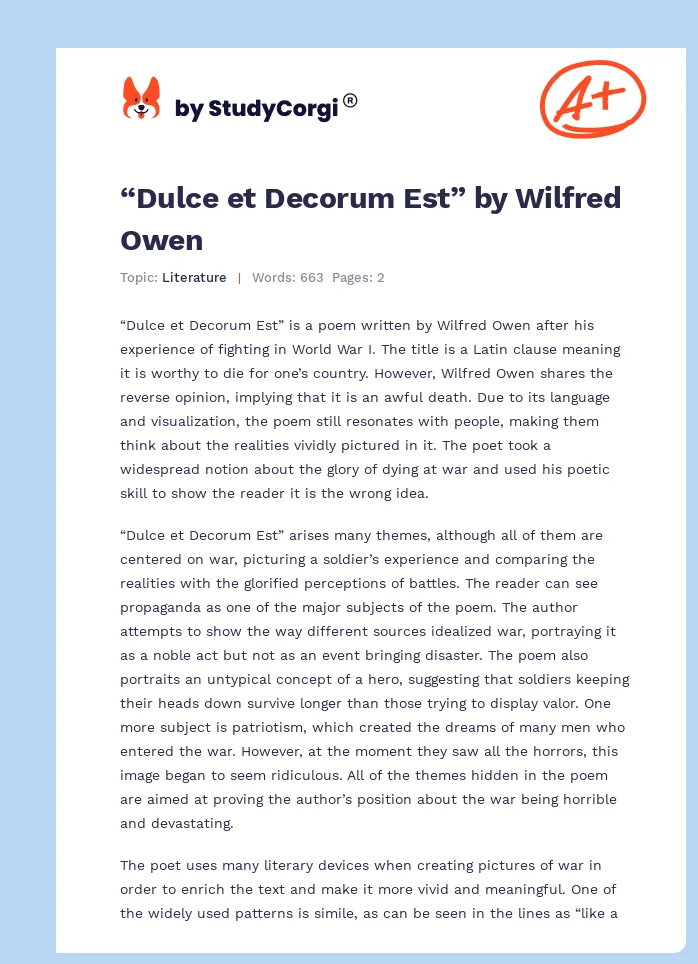“Dulce et Decorum Est” by Wilfred Owen. Page 1